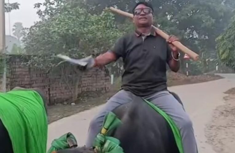 भैंस पर सवार होकर वोट डालने पहुंचे केदार प्रसाद यादव, लोकगीतों से गूंजा मतदान केंद्र