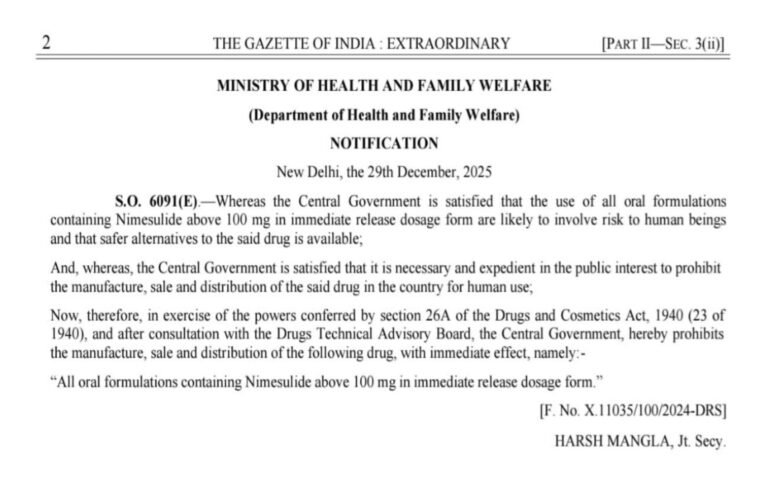 केंद्र सरकार ने 100 mg से अधिक वाली निमेसुलाइड दवाओं पर लगाया बैन, लिवर को खतरा मुख्य कारण