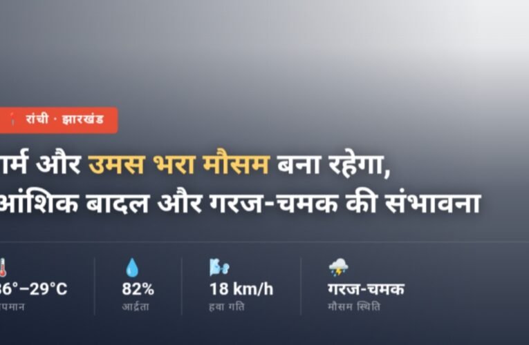 Hot and humid weather will prevail across Jharkhand including Ranchi, with partly cloudy sky and possibility of thunderstorms.