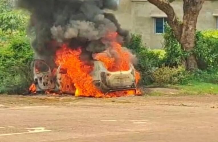 Moving car turns into a fireball; family saves lives by jumping out.