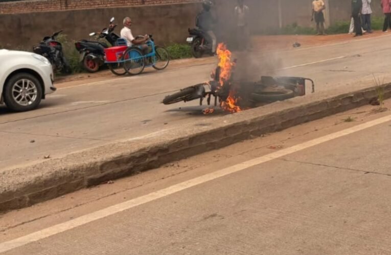 Bike turns into fireball after road accident; youth injured.