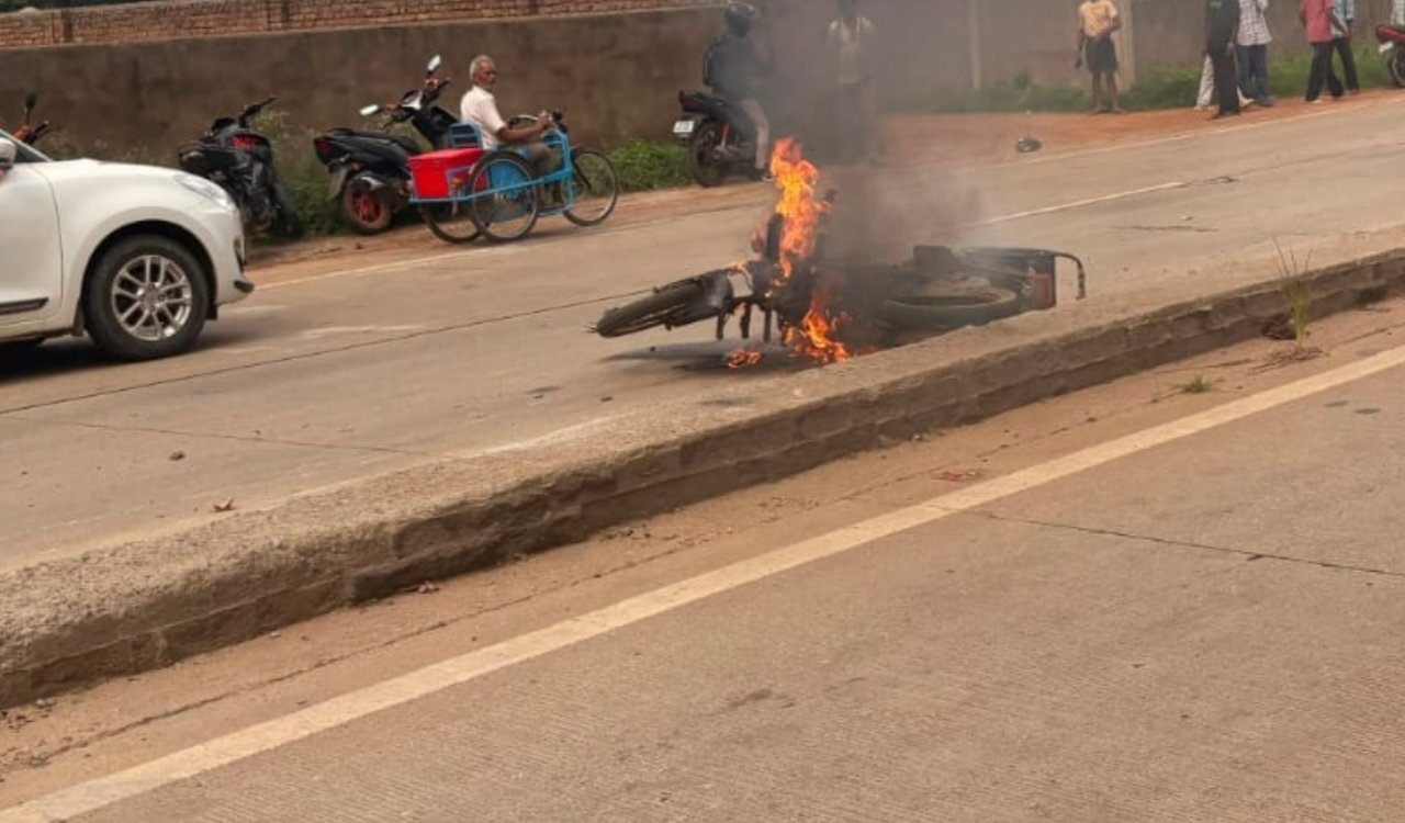 Bike turns into fireball after road accident; youth injured.
