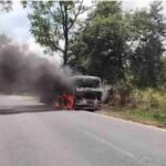 A tanker parked at Chandil NH-33 roundabout caught fire.