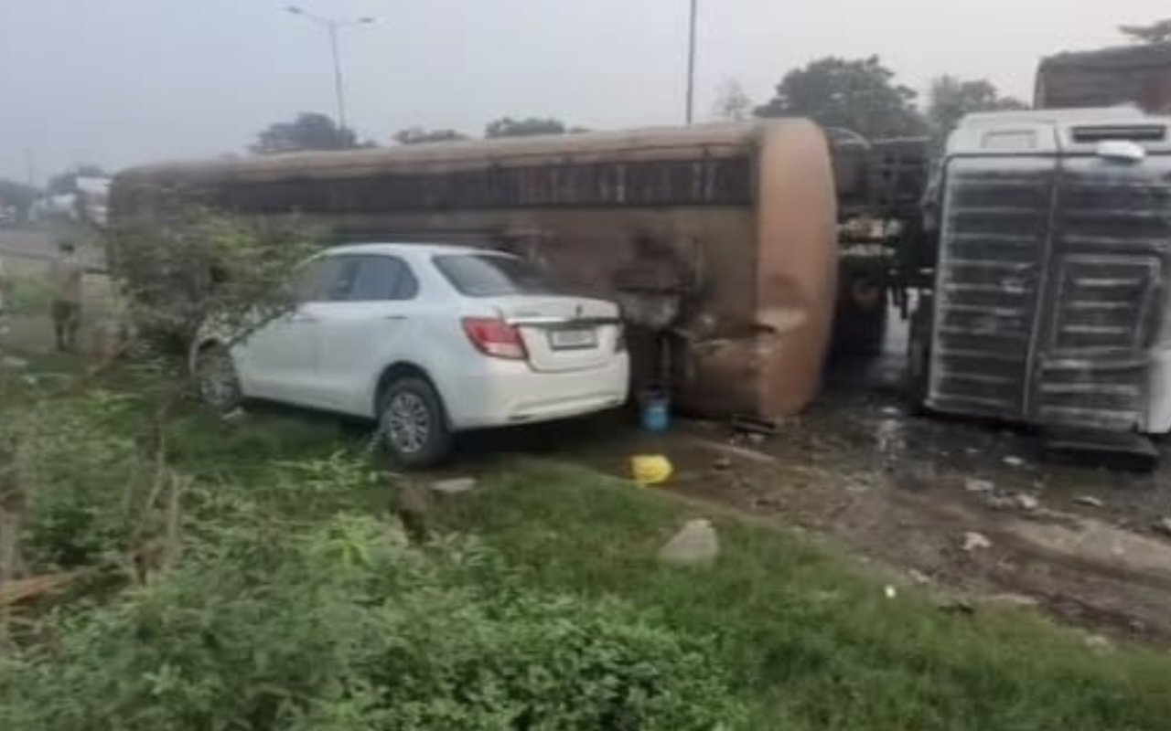Ethanol-laden tanker overturns in Chilgu, car damaged; public upset over slow pace of work on Chilgu bridge.