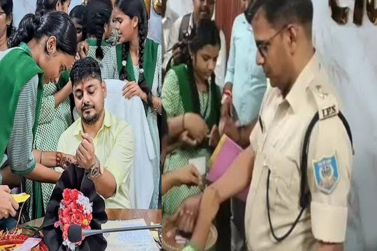 Female students tied Rakhis to the DC and SSP on Raksha Bandhan.