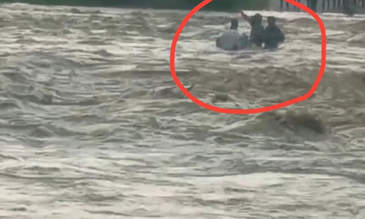 Three youths stranded in the strong currents of the Gerua River in Chatra.