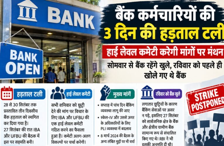 बैंक कर्मचारियों की 3 दिन की हड़ताल टली, हाई लेवल कमेटी करेगी मांगों पर मंथन; सोमवार से बैंक रहेंगे खुले